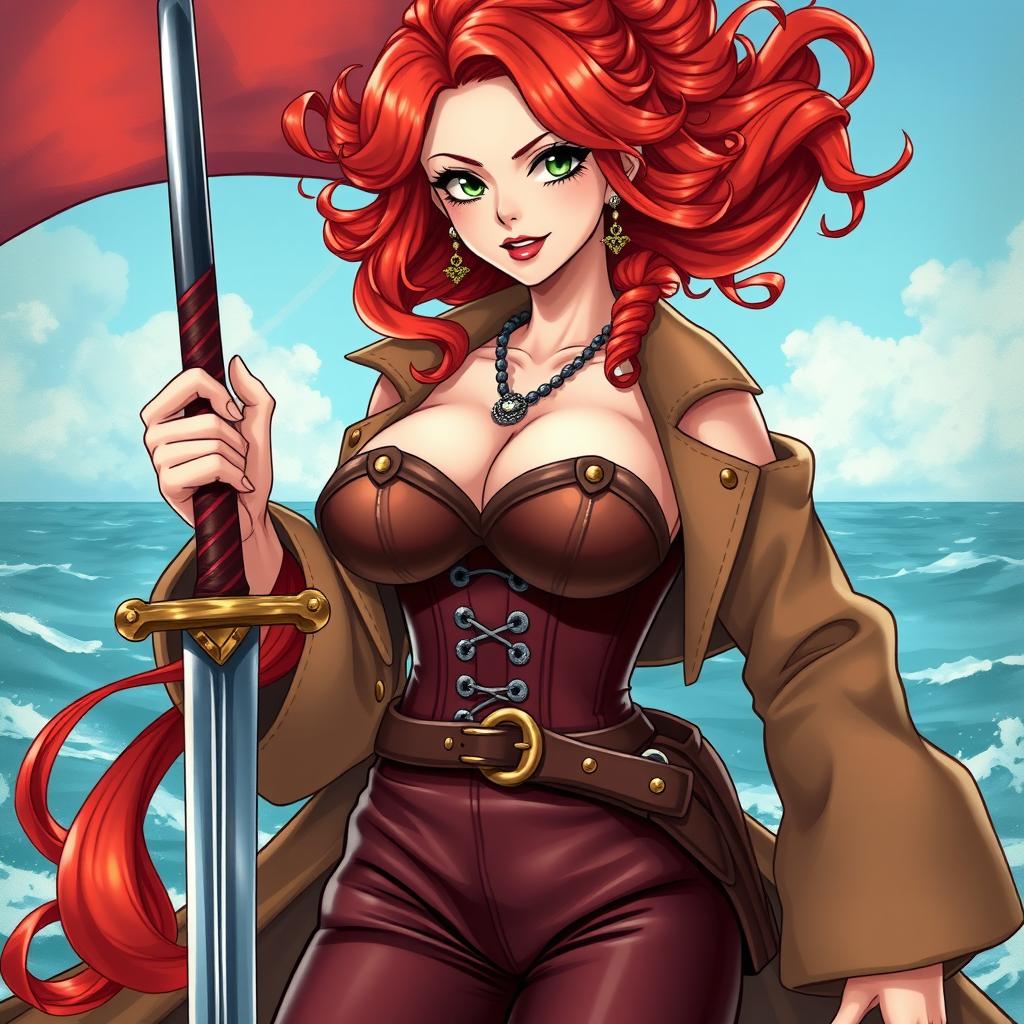 A captivating female character inspired by 'One Piece', featuring super wavy red hair that flows gracefully down to her waist and sharp green eyes that sparkle with adventure