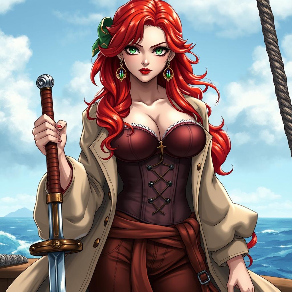 A captivating female character inspired by 'One Piece', featuring super wavy red hair that flows gracefully down to her waist and sharp green eyes that sparkle with adventure