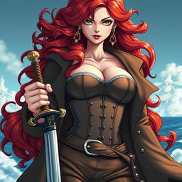 A captivating female character inspired by 'One Piece', featuring super wavy red hair that flows gracefully down to her waist and sharp green eyes that sparkle with adventure