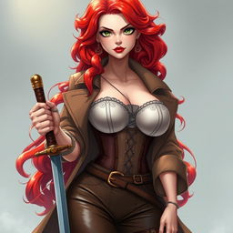 A captivating female character inspired by 'One Piece', featuring super wavy red hair that flows gracefully down to her waist and sharp green eyes that sparkle with adventure