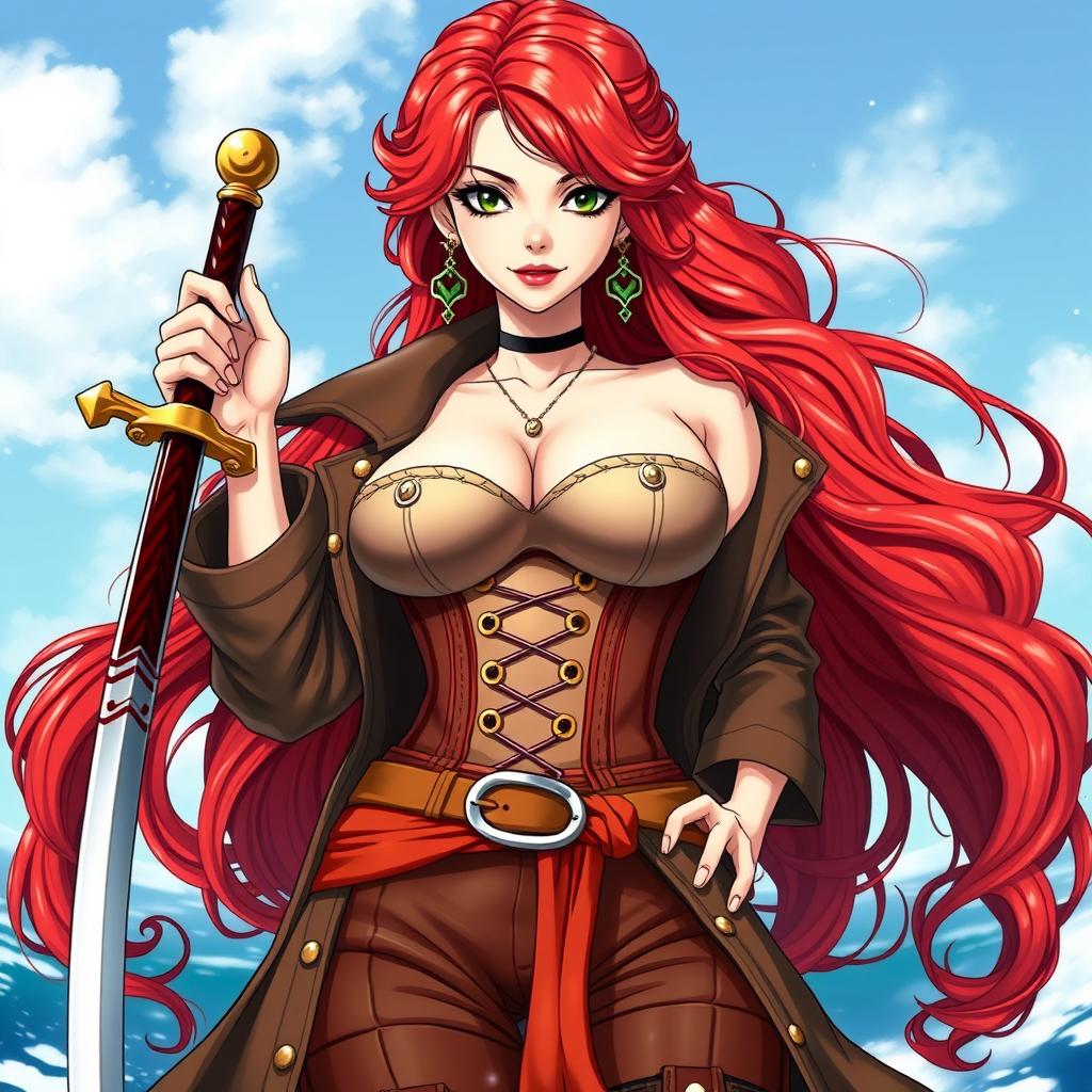 A stunning female character inspired by 'One Piece', featuring super wavy red hair that flows elegantly down to her waist and sharp green eyes that glimmer with mischief and adventure