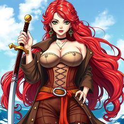 A stunning female character inspired by 'One Piece', featuring super wavy red hair that flows elegantly down to her waist and sharp green eyes that glimmer with mischief and adventure