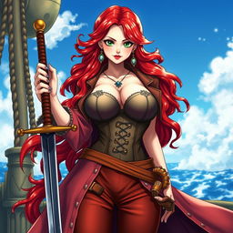 A stunning female character inspired by 'One Piece', featuring super wavy red hair that flows elegantly down to her waist and sharp green eyes that glimmer with mischief and adventure