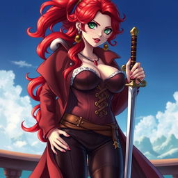 A stunning female character inspired by 'One Piece', featuring super wavy red hair that flows elegantly down to her waist and sharp green eyes that glimmer with mischief and adventure