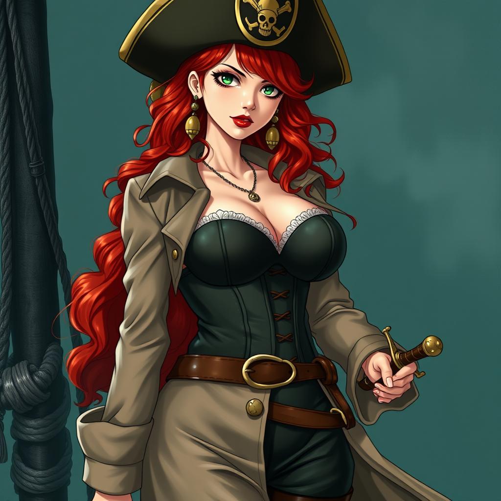 A mesmerizing female character inspired by 'One Piece', showcasing waist-length super wavy red hair cascading gracefully and sharp green eyes that convey strength and allure