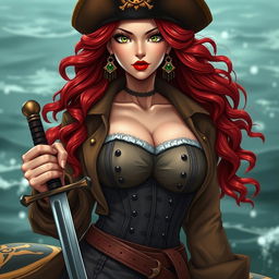 A mesmerizing female character inspired by 'One Piece', showcasing waist-length super wavy red hair cascading gracefully and sharp green eyes that convey strength and allure