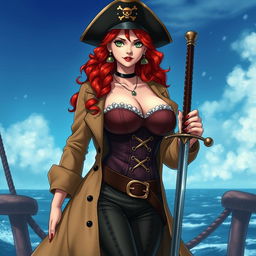 A mesmerizing female character inspired by 'One Piece', showcasing waist-length super wavy red hair cascading gracefully and sharp green eyes that convey strength and allure