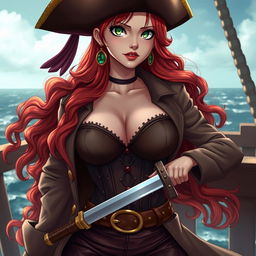 A mesmerizing female character inspired by 'One Piece', showcasing waist-length super wavy red hair cascading gracefully and sharp green eyes that convey strength and allure