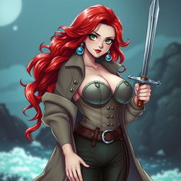 A captivating female character inspired by 'One Piece', showcasing super wavy red hair that cascades beautifully to her waist, paired with sharp green eyes that sparkle with determination and adventure