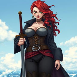 A captivating female character inspired by 'One Piece', showcasing super wavy red hair that cascades beautifully to her waist, paired with sharp green eyes that sparkle with determination and adventure