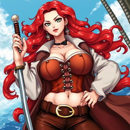 A captivating female character inspired by 'One Piece', showcasing super wavy red hair that cascades beautifully to her waist, paired with sharp green eyes that sparkle with determination and adventure