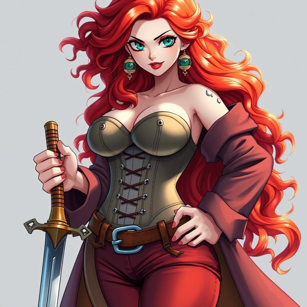 A captivating female character inspired by 'One Piece', showcasing super wavy red hair that cascades beautifully to her waist, paired with sharp green eyes that sparkle with determination and adventure