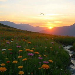 A captivating transition of an enchanting landscape at sunset: starting with a still image of a sprawling meadow filled with vibrant wildflowers swaying gently in the wind, gradually shifting into a fluid video showcasing the sun setting behind majestic mountains in the background