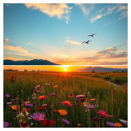 A captivating transition of an enchanting landscape at sunset: starting with a still image of a sprawling meadow filled with vibrant wildflowers swaying gently in the wind, gradually shifting into a fluid video showcasing the sun setting behind majestic mountains in the background