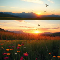 A captivating transition of an enchanting landscape at sunset: starting with a still image of a sprawling meadow filled with vibrant wildflowers swaying gently in the wind, gradually shifting into a fluid video showcasing the sun setting behind majestic mountains in the background