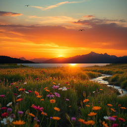 A captivating transition of an enchanting landscape at sunset: starting with a still image of a sprawling meadow filled with vibrant wildflowers swaying gently in the wind, gradually shifting into a fluid video showcasing the sun setting behind majestic mountains in the background