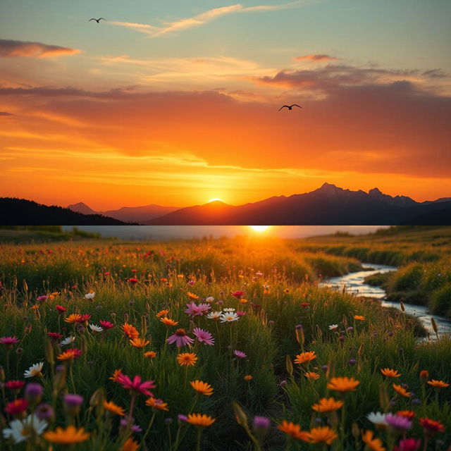 A captivating transition of an enchanting landscape at sunset: starting with a still image of a sprawling meadow filled with vibrant wildflowers swaying gently in the wind, gradually shifting into a fluid video showcasing the sun setting behind majestic mountains in the background