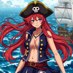 A captivating female pirate character inspired by 'One Piece', featuring long, wavy red hair that flows freely over her shoulders