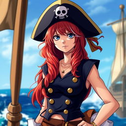 A captivating female pirate character inspired by 'One Piece', featuring long, wavy red hair that flows freely over her shoulders