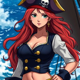 A captivating female pirate character inspired by 'One Piece', featuring long, wavy red hair that flows freely over her shoulders