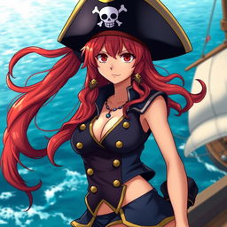 A captivating female pirate character inspired by 'One Piece', featuring long, wavy red hair that flows freely over her shoulders