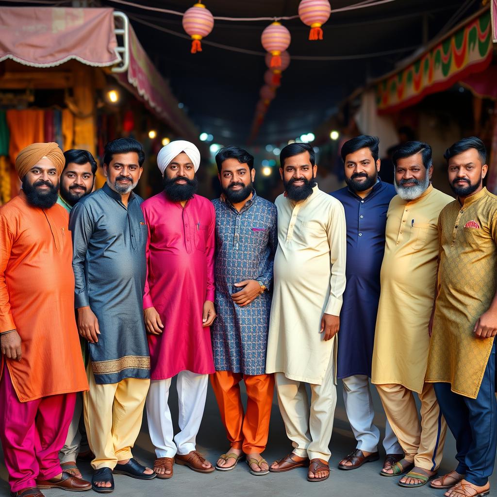 A group of eleven Indian men standing together, showcasing a variety of traditional and modern attire including colorful kurta pajamas, sherwanis, and casual wear