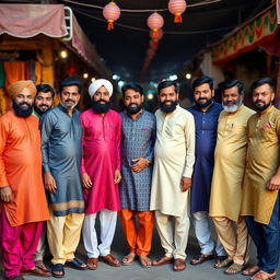 A group of eleven Indian men standing together, showcasing a variety of traditional and modern attire including colorful kurta pajamas, sherwanis, and casual wear