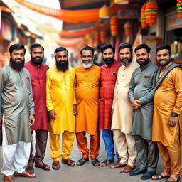 A group of eleven Indian men standing together, showcasing a variety of traditional and modern attire including colorful kurta pajamas, sherwanis, and casual wear