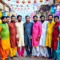 A group of eleven Indian men standing together, showcasing a variety of traditional and modern attire including colorful kurta pajamas, sherwanis, and casual wear