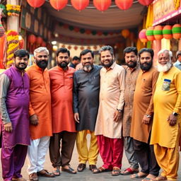 A group of eleven Indian men standing together, showcasing a variety of traditional and modern attire including colorful kurta pajamas, sherwanis, and casual wear