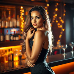 A beautiful woman in a glamorous cocktail dress, elegantly posing in a chic bar setting