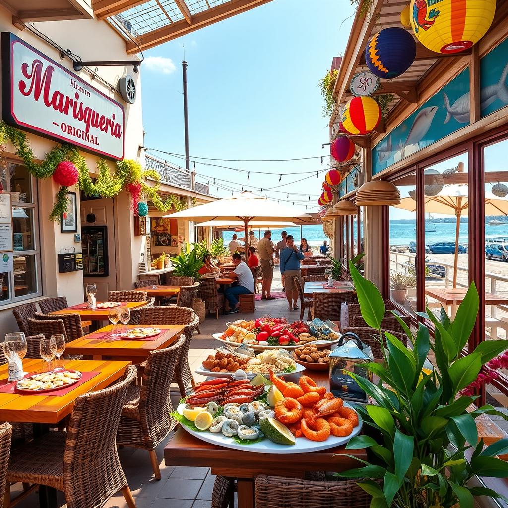 An inviting marisqueria (seafood restaurant) nestled in a vibrant coastal town, adorned with colorful decorations and an inviting sign that reads 'Marisqueria Original'