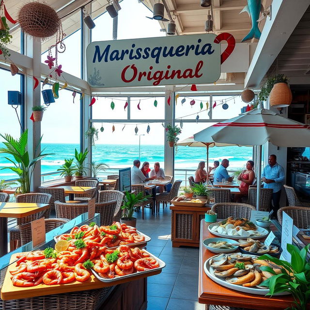 An inviting marisqueria (seafood restaurant) nestled in a vibrant coastal town, adorned with colorful decorations and an inviting sign that reads 'Marisqueria Original'