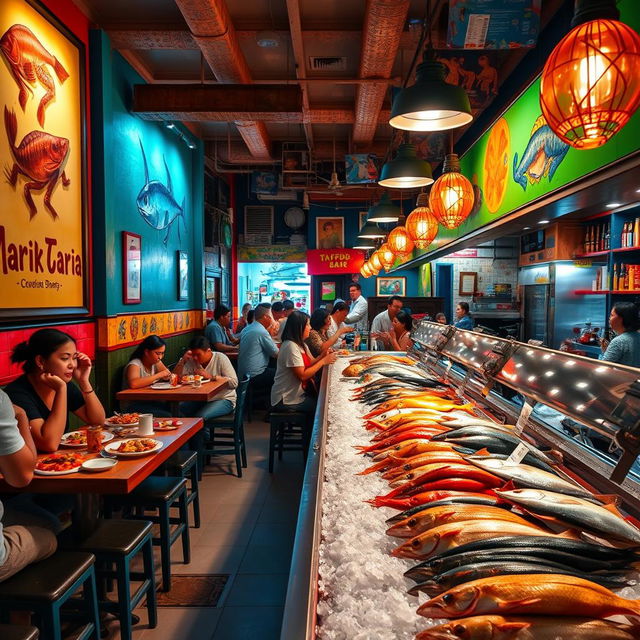 A vibrant and lively mariskeria bar located in a local neighborhood