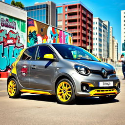 A stylish and eye-catching Renault Twingo, featuring a modern design with a striking color scheme of gray and yellow