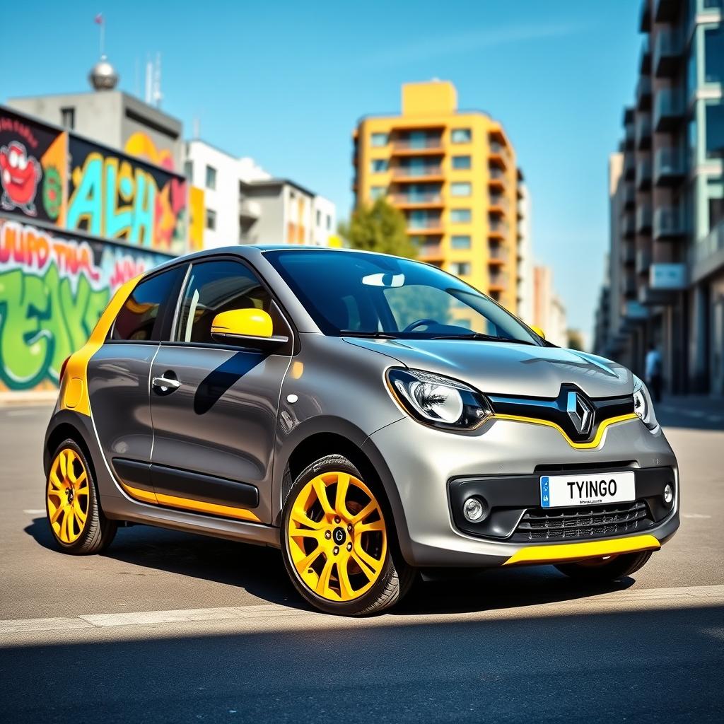 A stylish and eye-catching Renault Twingo, featuring a modern design with a striking color scheme of gray and yellow