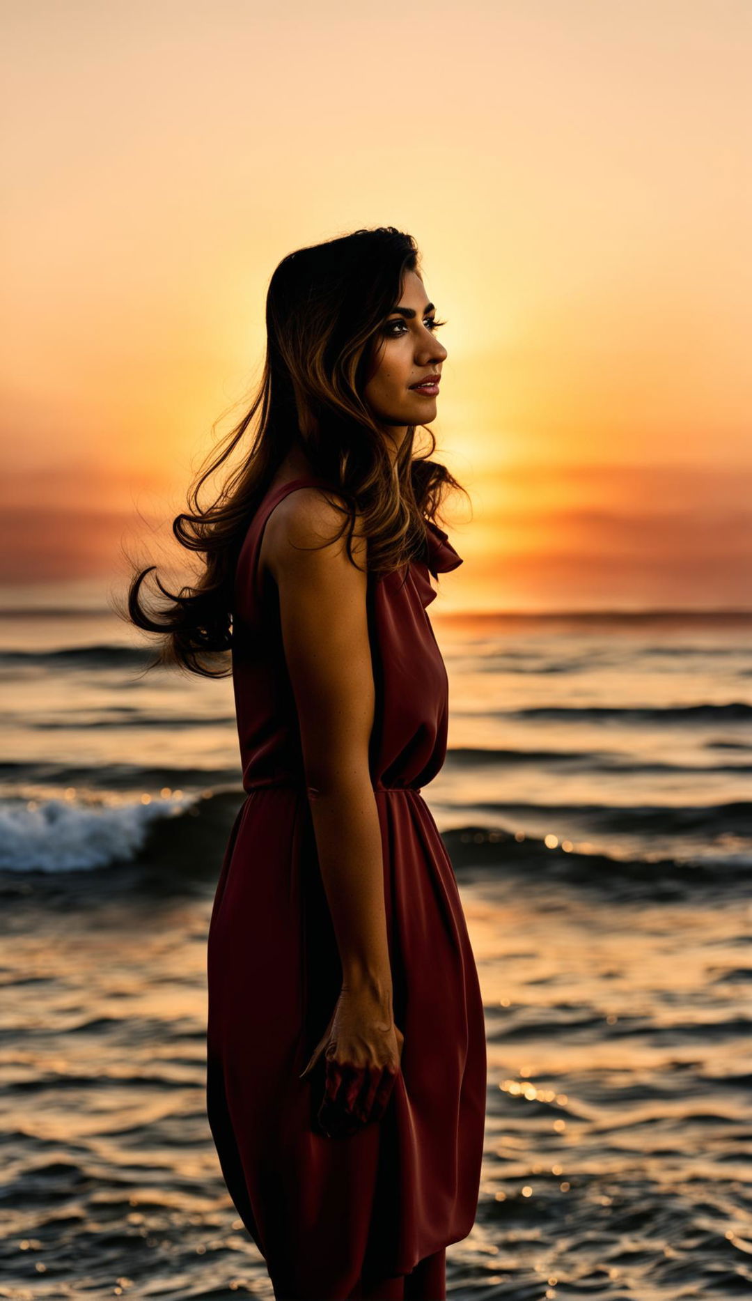 more hd raw photograph of naturally stunning Persian 33 year old watching the sunset reflect off ocean waves, smple shift dress billowing in the wind. Professional photography 