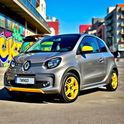 A stylish and eye-catching Renault Twingo, featuring a modern design with a striking color scheme of gray and yellow