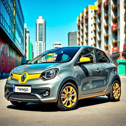 A stylish and eye-catching Renault Twingo, featuring a modern design with a striking color scheme of gray and yellow