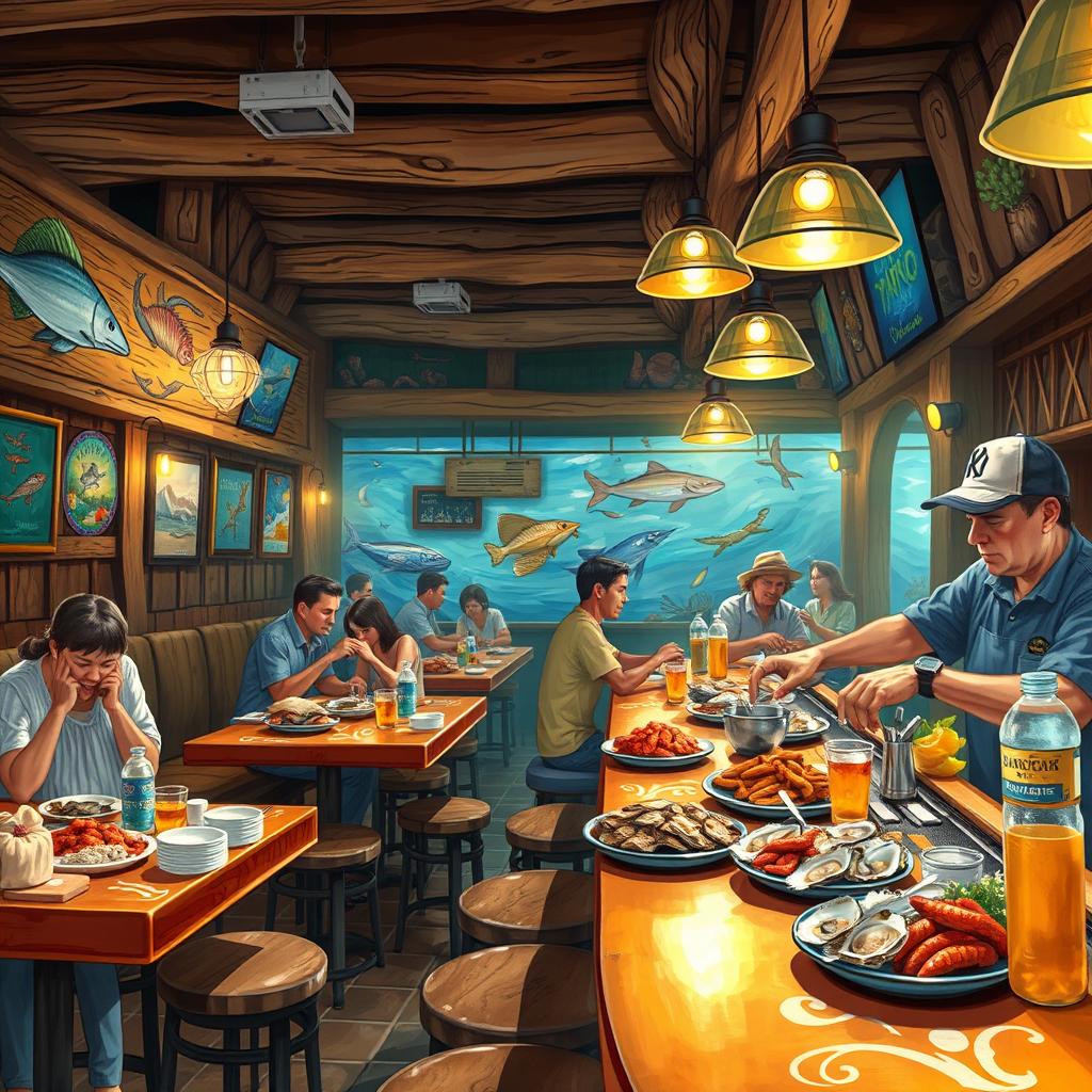 A depiction of a lively mariskeria barbas (seafood restaurant) with a vibrant atmosphere