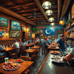 A depiction of a lively mariskeria barbas (seafood restaurant) with a vibrant atmosphere