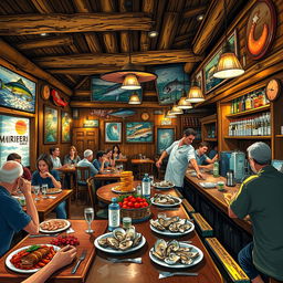 A depiction of a lively mariskeria barbas (seafood restaurant) with a vibrant atmosphere