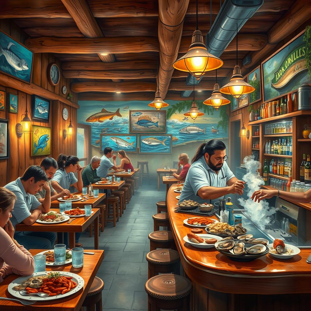 A depiction of a lively mariskeria barbas (seafood restaurant) with a vibrant atmosphere