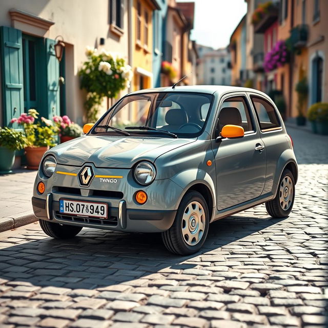 A charming vintage Renault Twingo, featuring a nostalgic design enhanced by a modern twist of gray and yellow