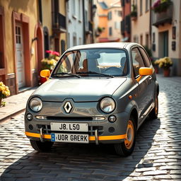 A charming vintage Renault Twingo, featuring a nostalgic design enhanced by a modern twist of gray and yellow