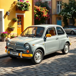 A charming vintage Renault Twingo, featuring a nostalgic design enhanced by a modern twist of gray and yellow