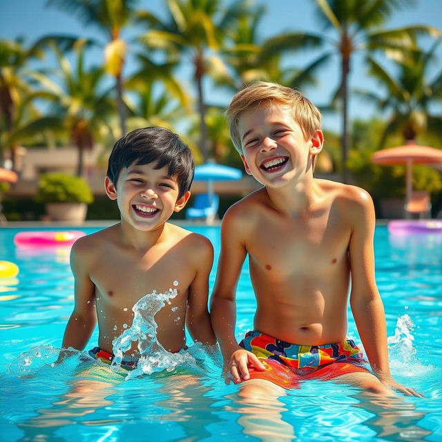 Two handsome 12-year-old boys enjoying a fun day at a vibrant swimming pool, their laughter echoing around them as they splash water playfully