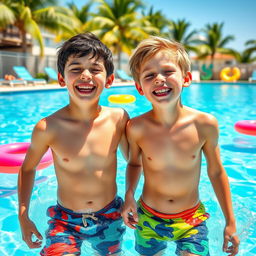 Two handsome 12-year-old boys enjoying a fun day at a vibrant swimming pool, their laughter echoing around them as they splash water playfully