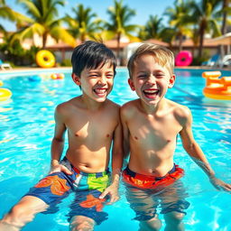 Two handsome 12-year-old boys enjoying a fun day at a vibrant swimming pool, their laughter echoing around them as they splash water playfully