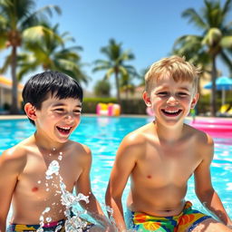 Two handsome 12-year-old boys enjoying a fun day at a vibrant swimming pool, their laughter echoing around them as they splash water playfully